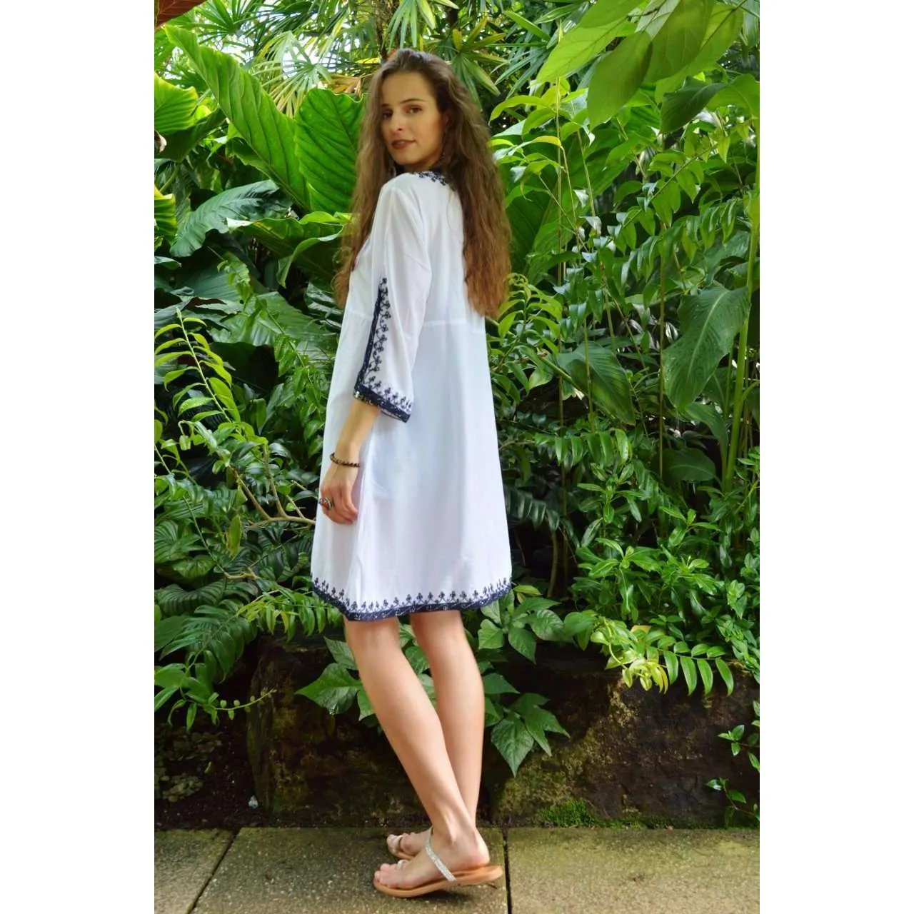 White with Silver Blue Embroidery Nadia Tunic Dress - Moroccan Tunic