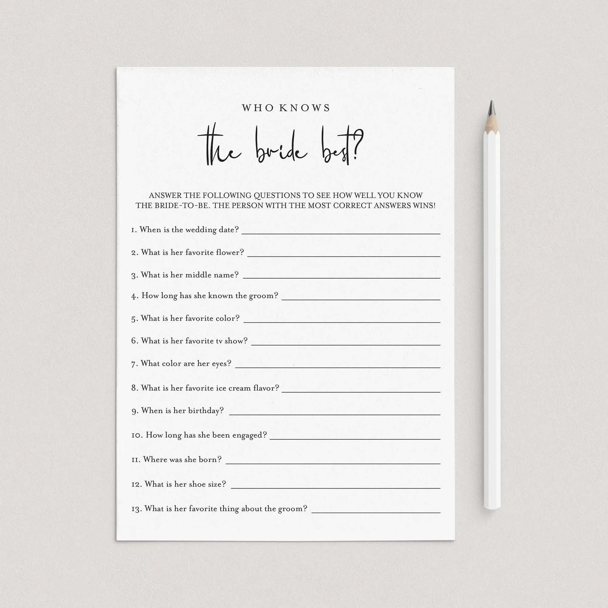 Who Knows The Bride Best Game Printable Modern Minimalist