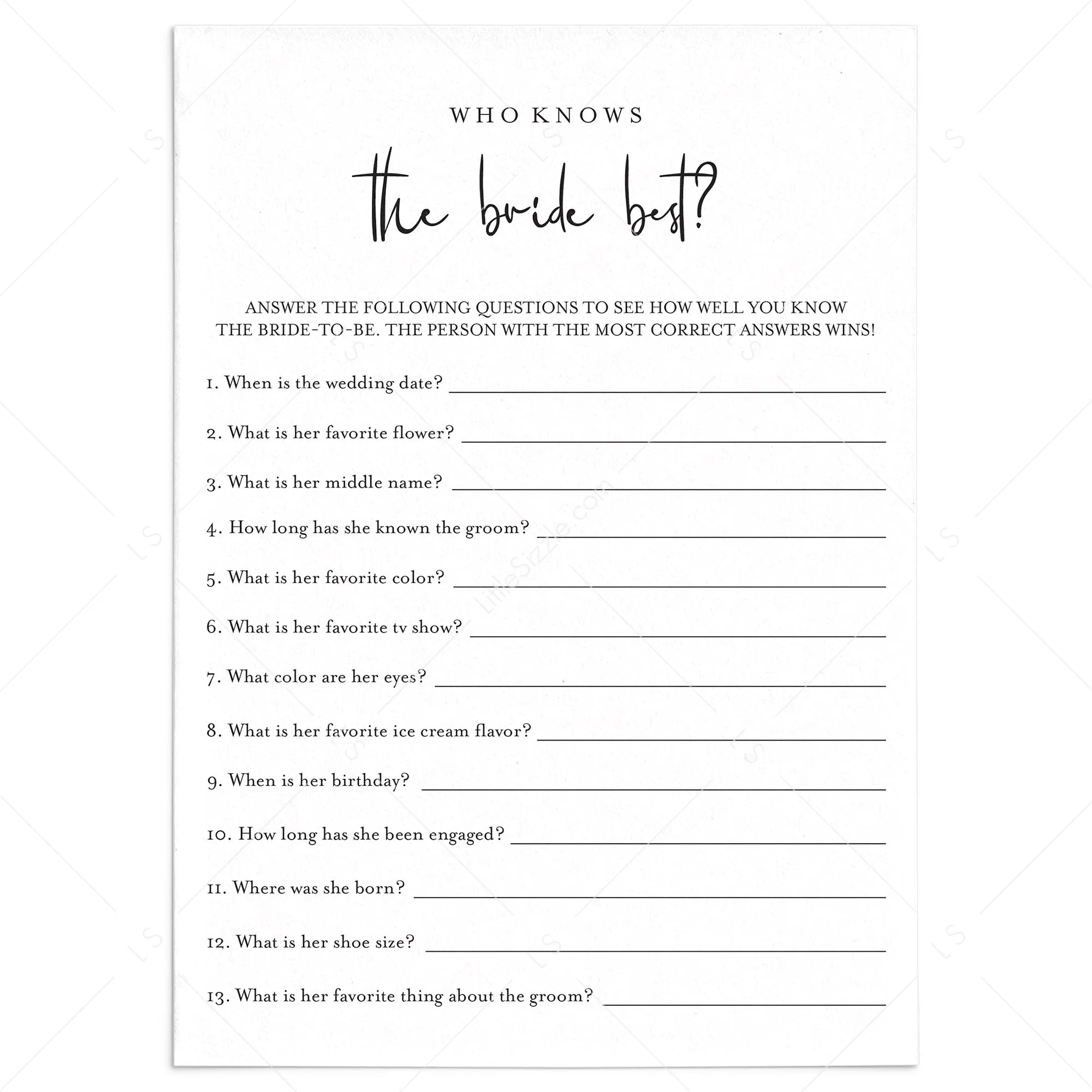 Who Knows The Bride Best Game Printable Modern Minimalist