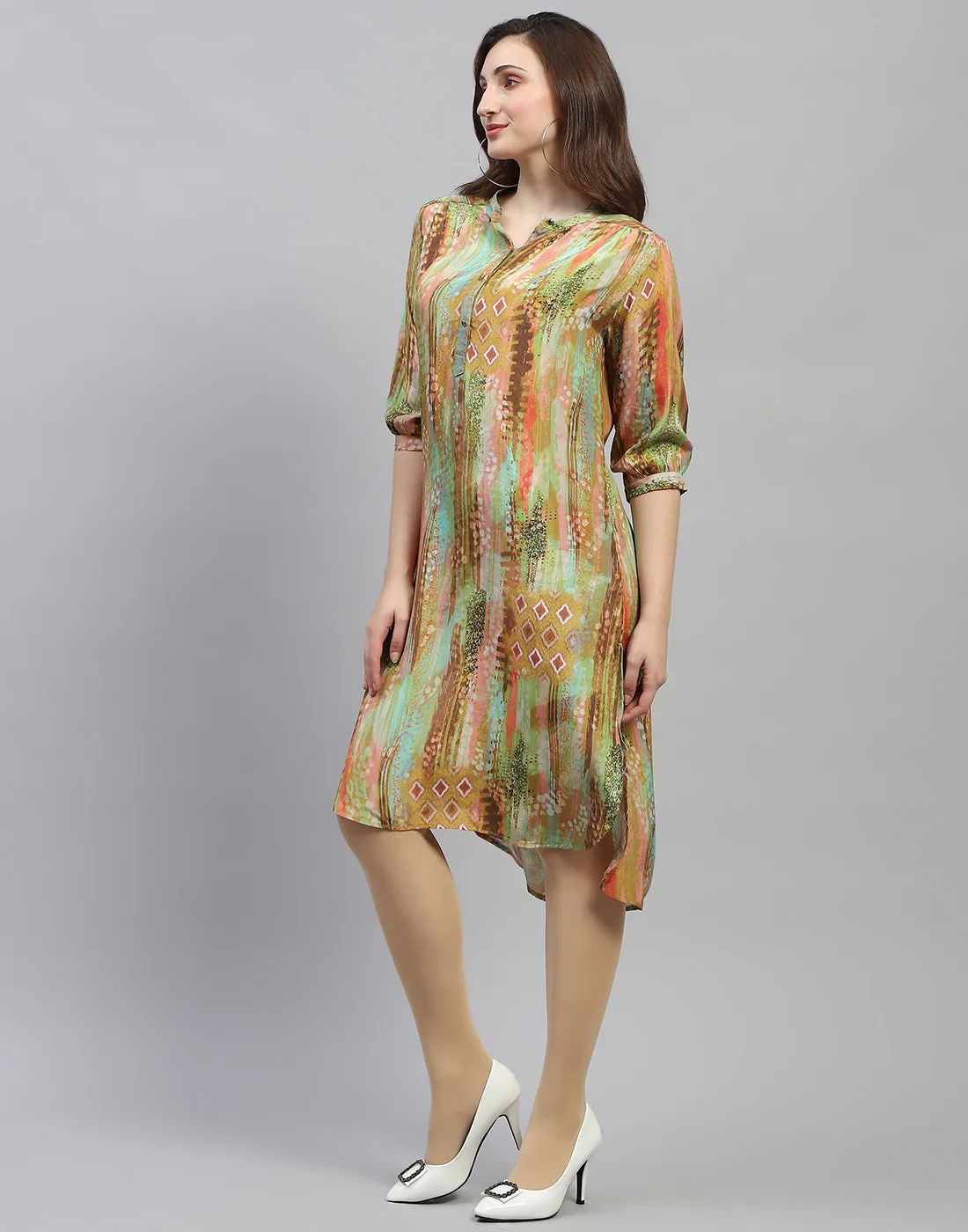 Women Multicolor Printed Band Collar 3/4 Sleeve Dress