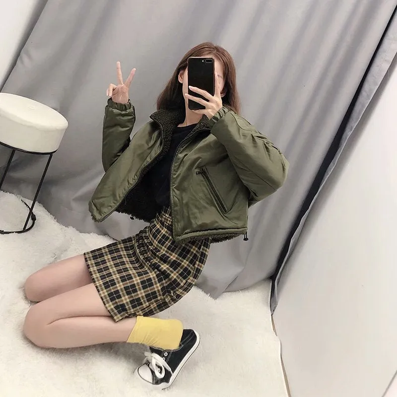 Women Two Sides Wear Short Coat Winter