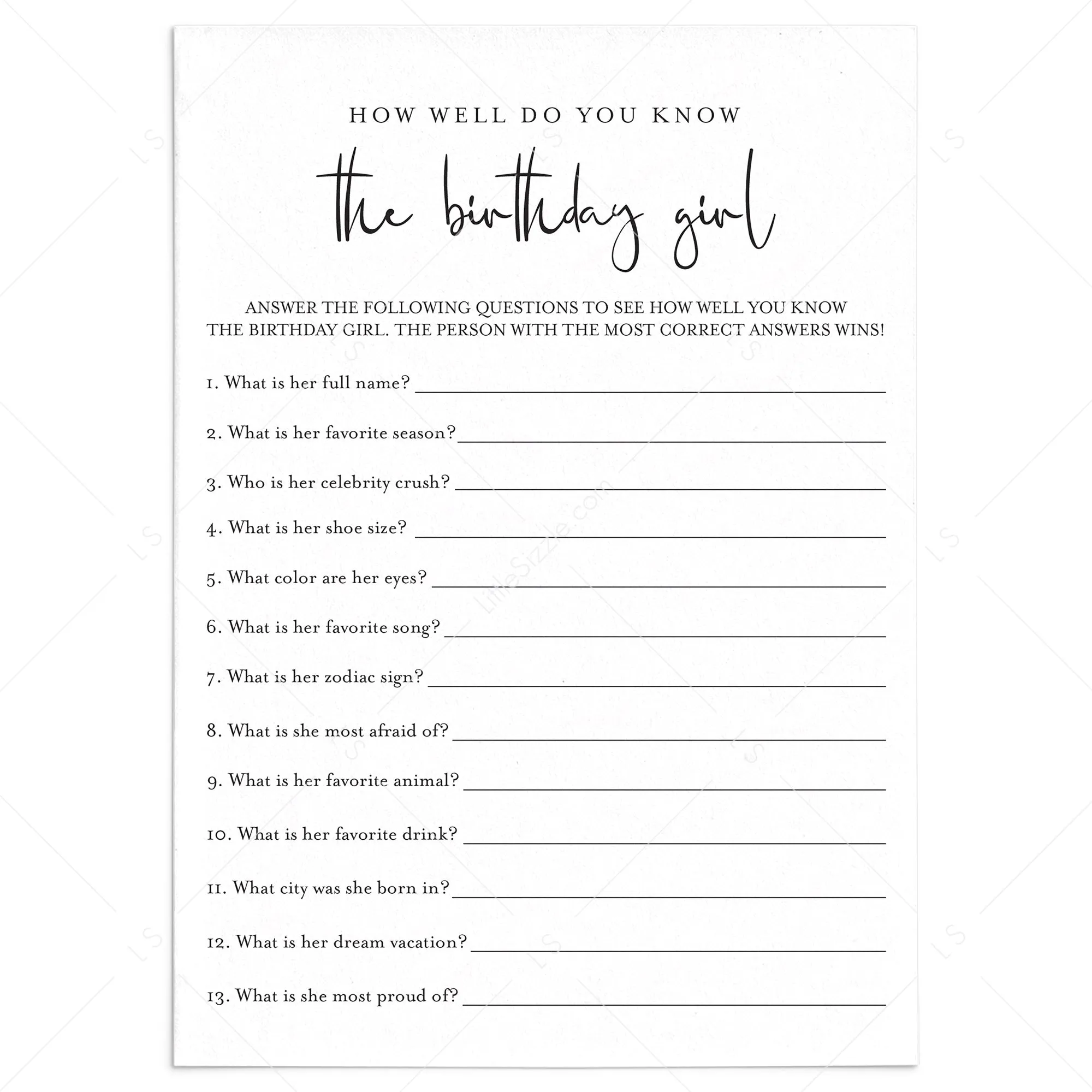 Womens Birthday Game Printable How Well Do You Know The Birthday Girl