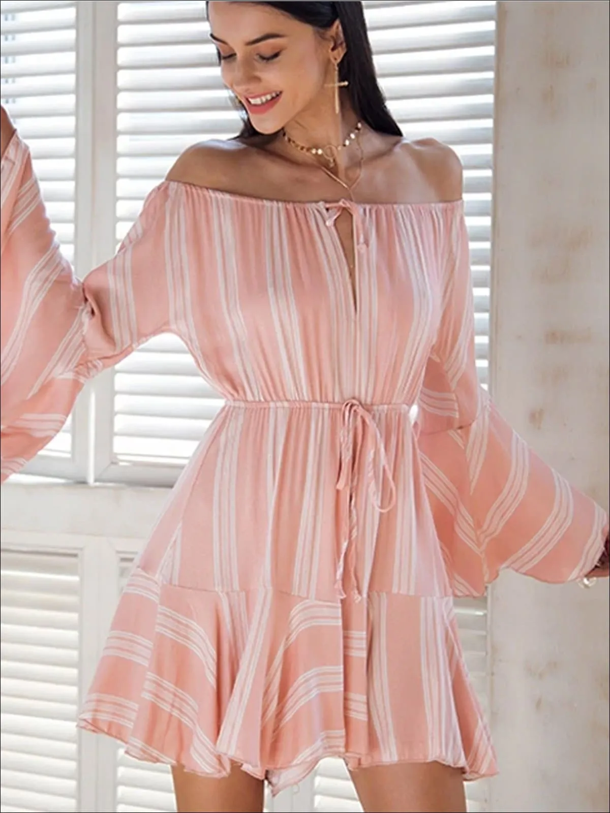 Women's Embroidered Flare Sleeve Off The Shoulder Dress