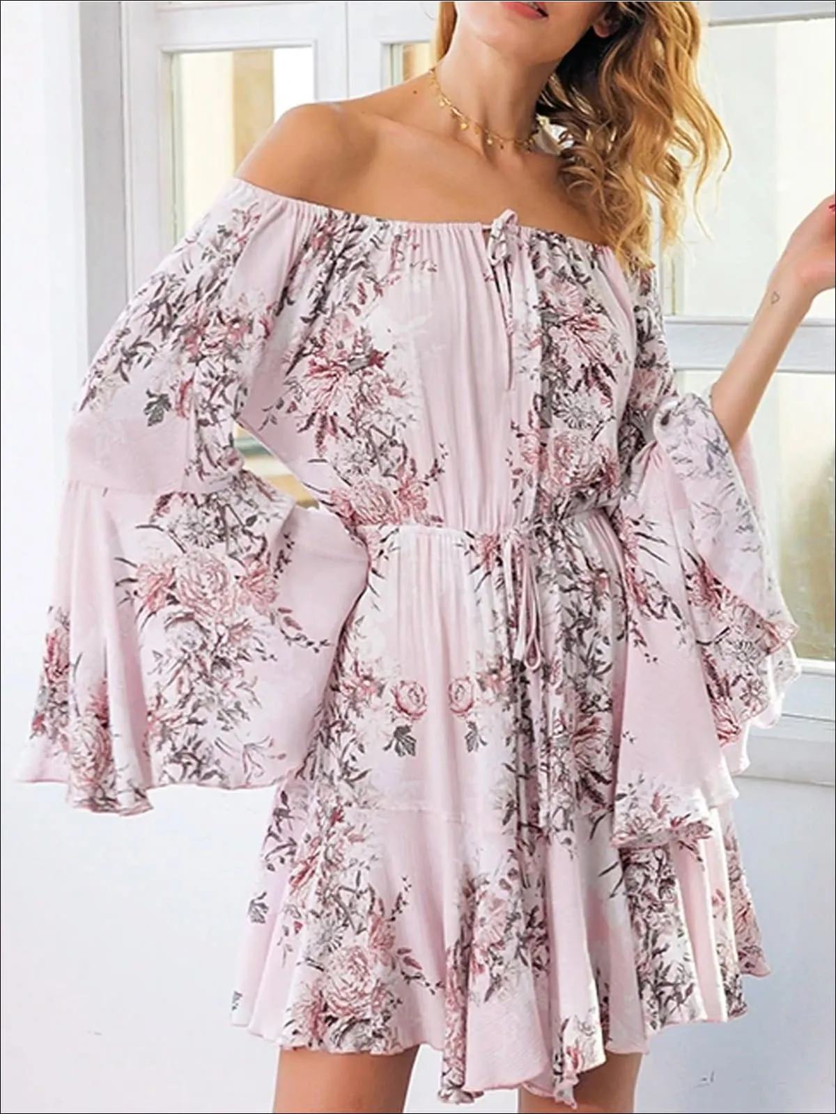 Women's Embroidered Flare Sleeve Off The Shoulder Dress