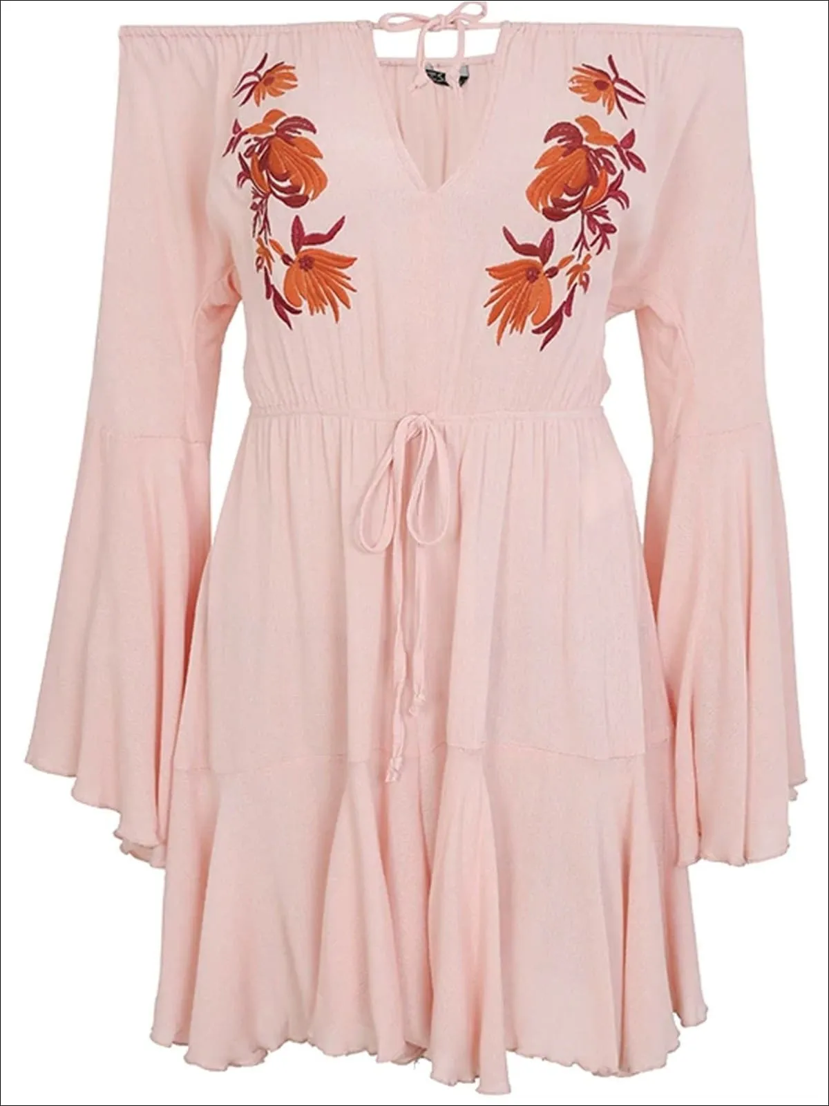 Women's Embroidered Flare Sleeve Off The Shoulder Dress