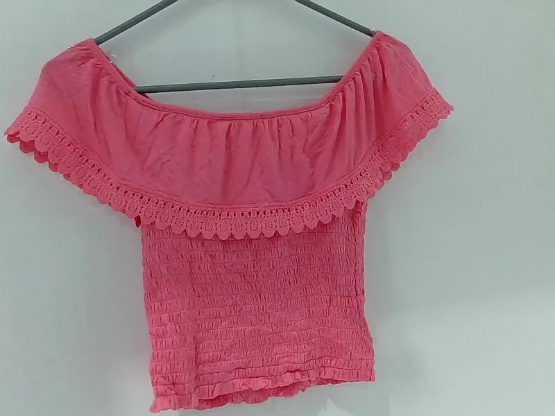 Women's Pink Off-Shoulder Lace Trim Top - Small