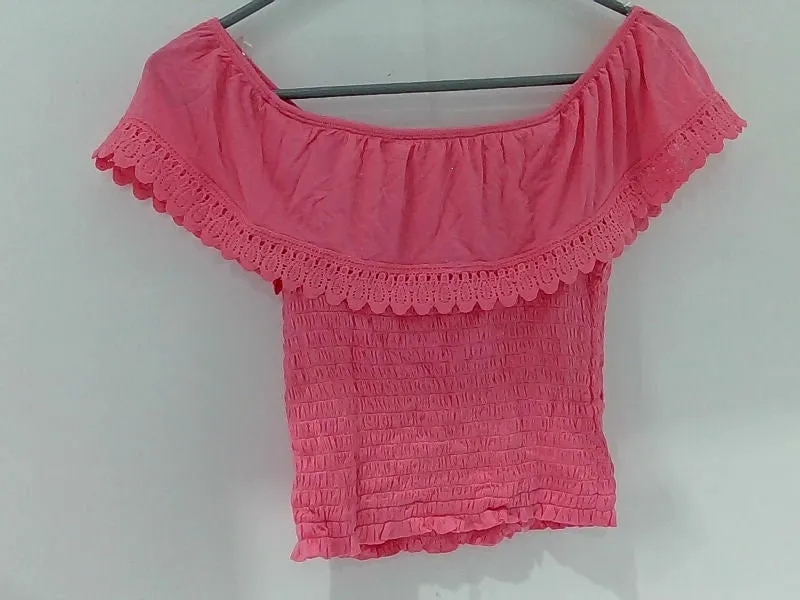 Women's Pink Off-Shoulder Lace Trim Top - Small