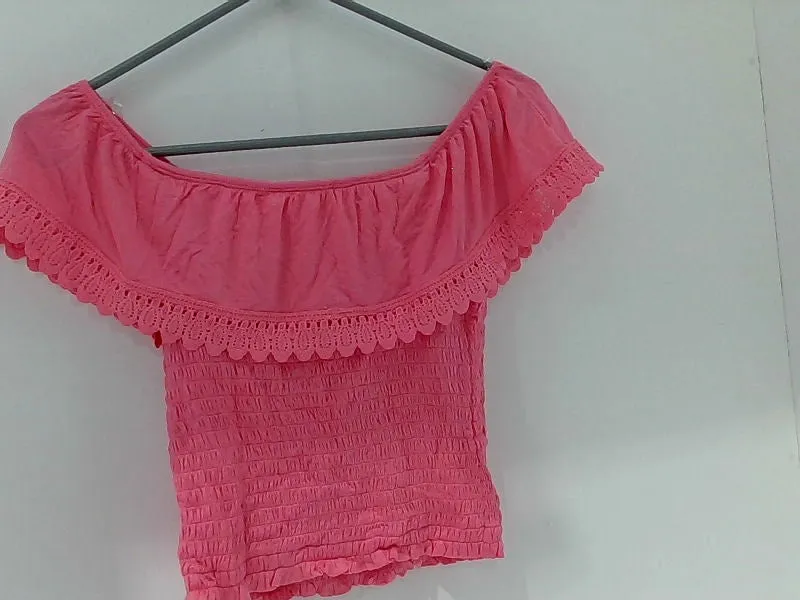 Women's Pink Off-Shoulder Lace Trim Top - Small