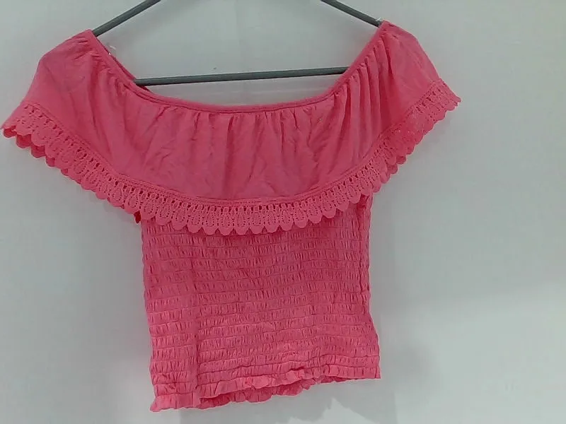 Women's Pink Off-Shoulder Lace Trim Top - Small
