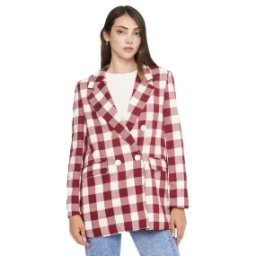 Women's Plaid Long Blazer,Burgundy/White