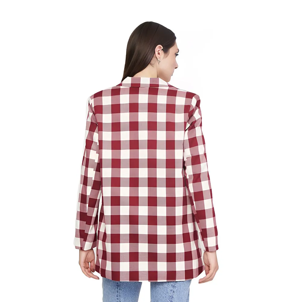 Women's Plaid Long Blazer,Burgundy/White