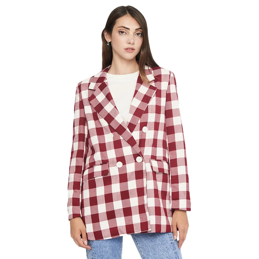 Women's Plaid Long Blazer,Burgundy/White