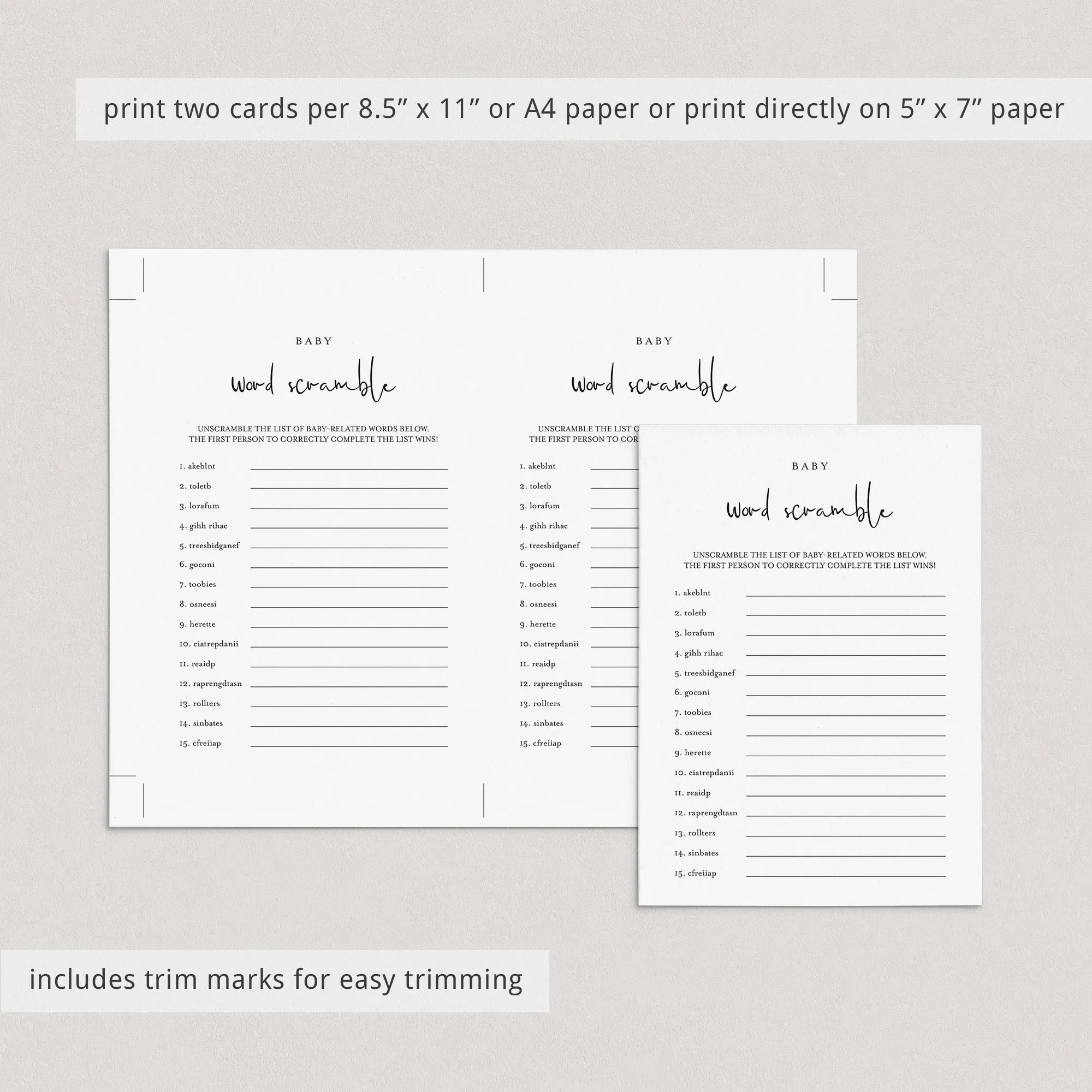 Word Scramble BabyShower Game Printable