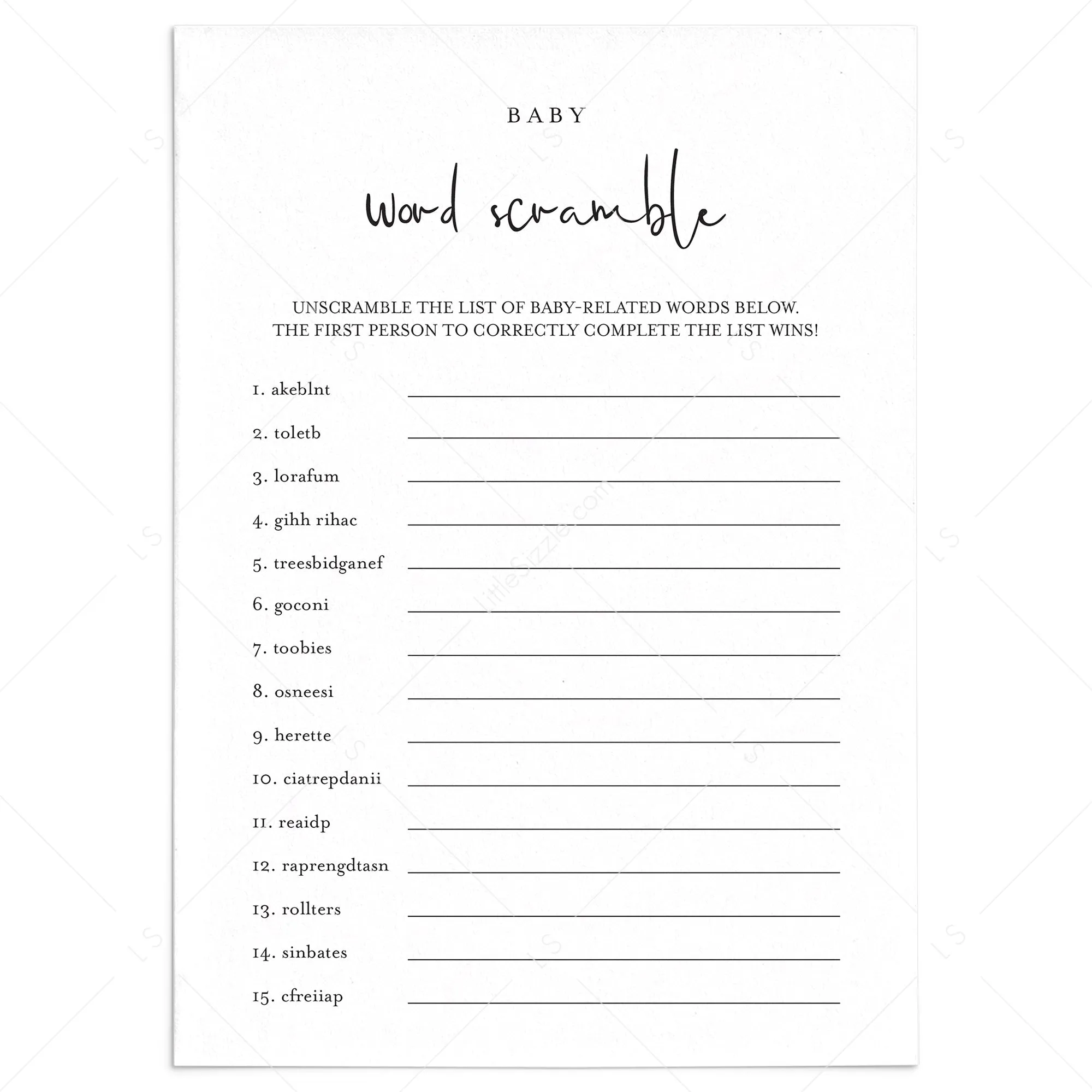 Word Scramble BabyShower Game Printable