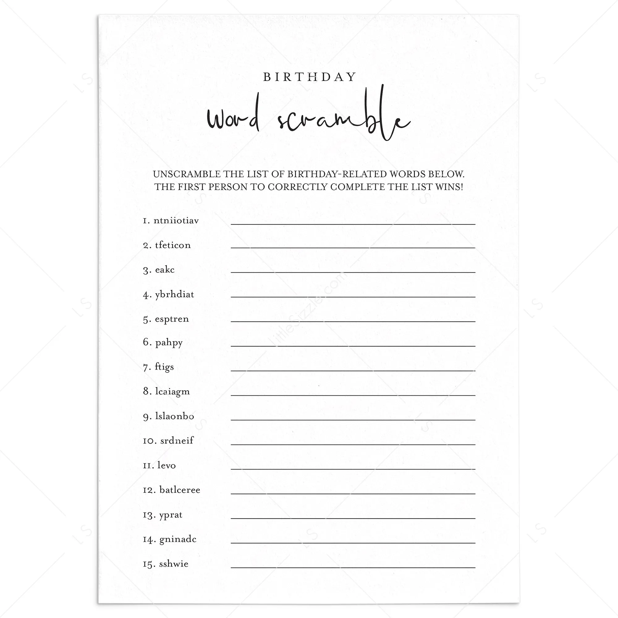 Word Scramble Birthday Game for All Ages Printable