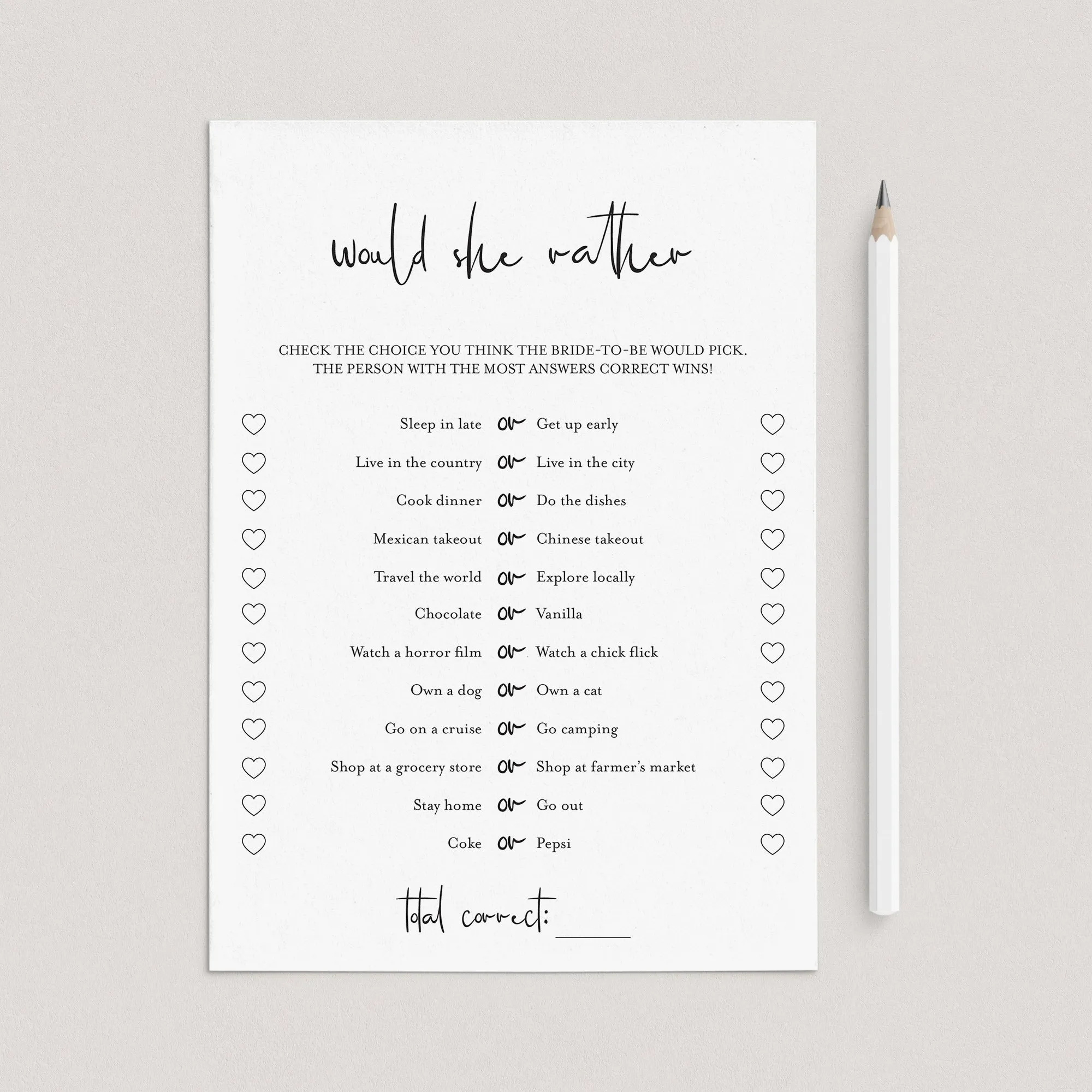 Would She Rather Bridal Game Printable