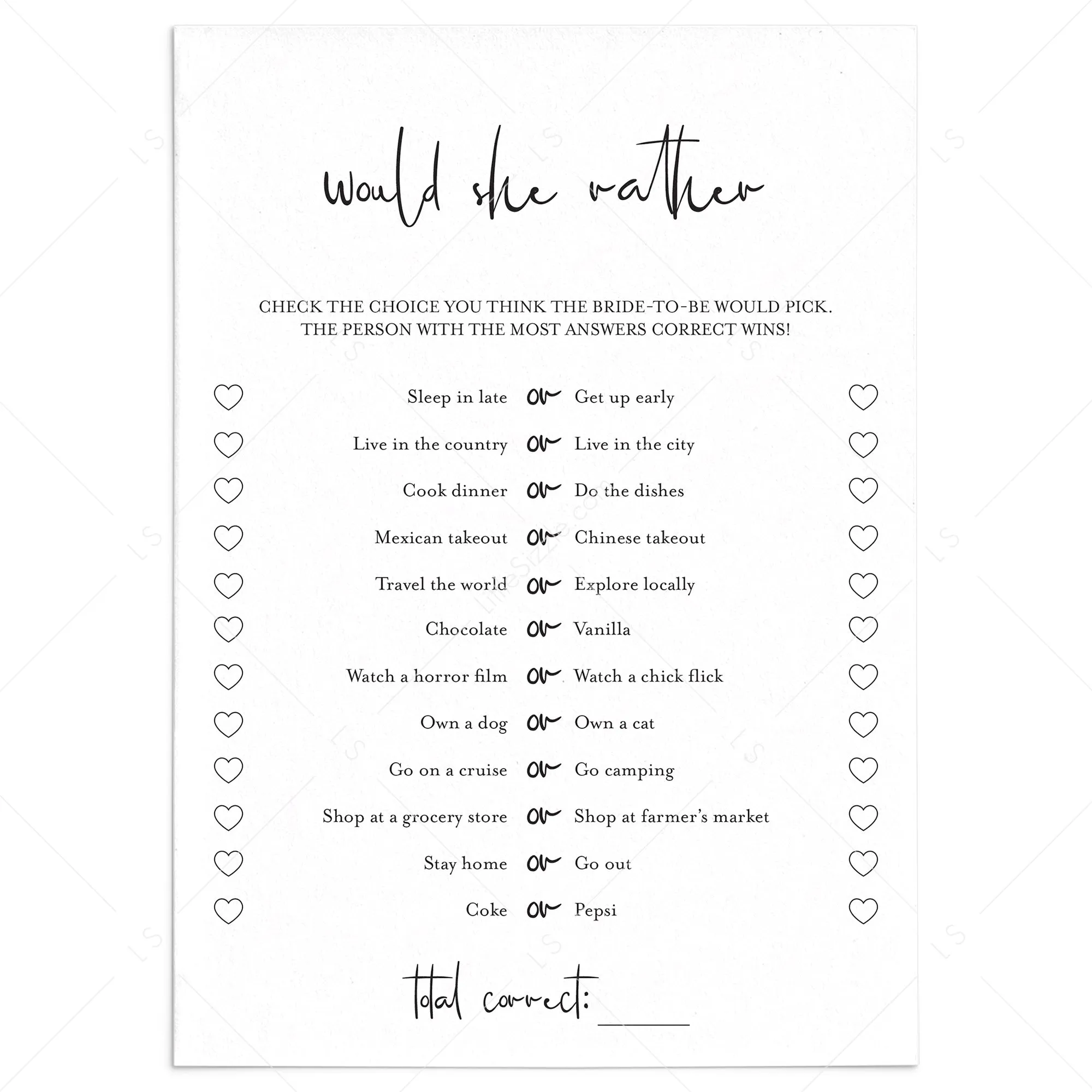 Would She Rather Bridal Game Printable