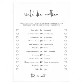 Would She Rather Bridal Game Printable