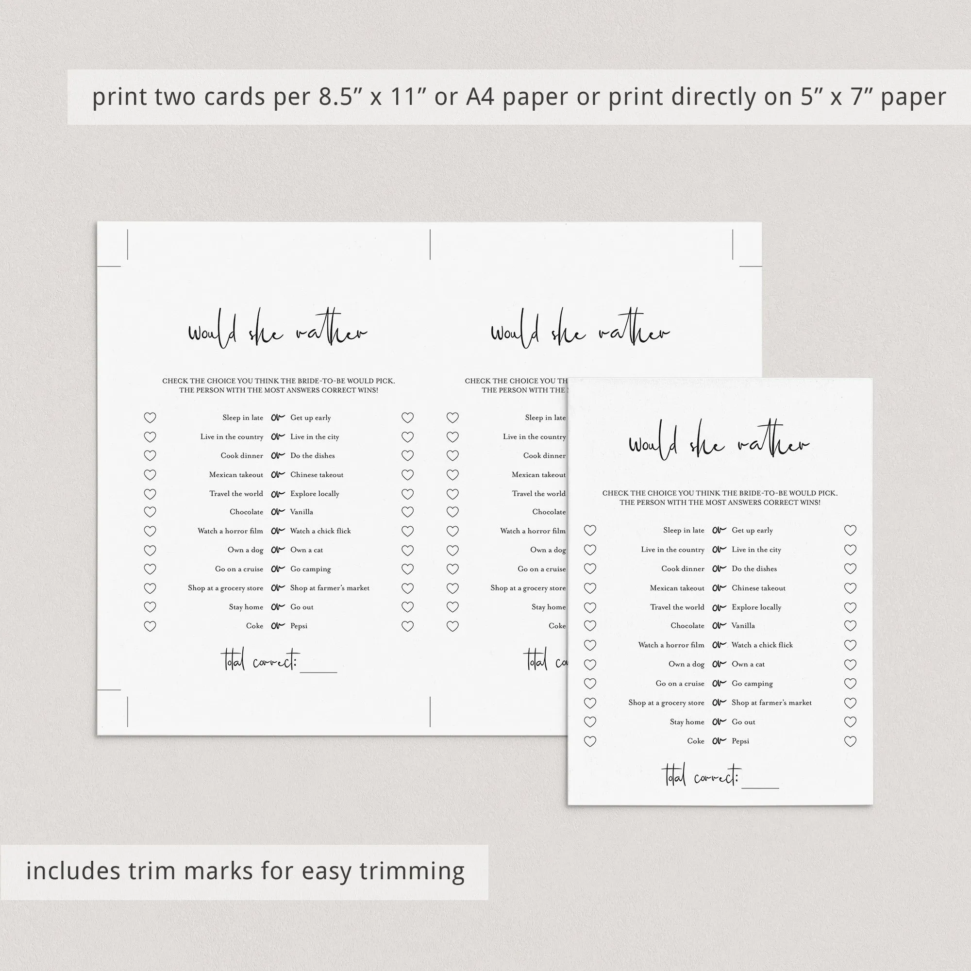 Would She Rather Bridal Game Printable