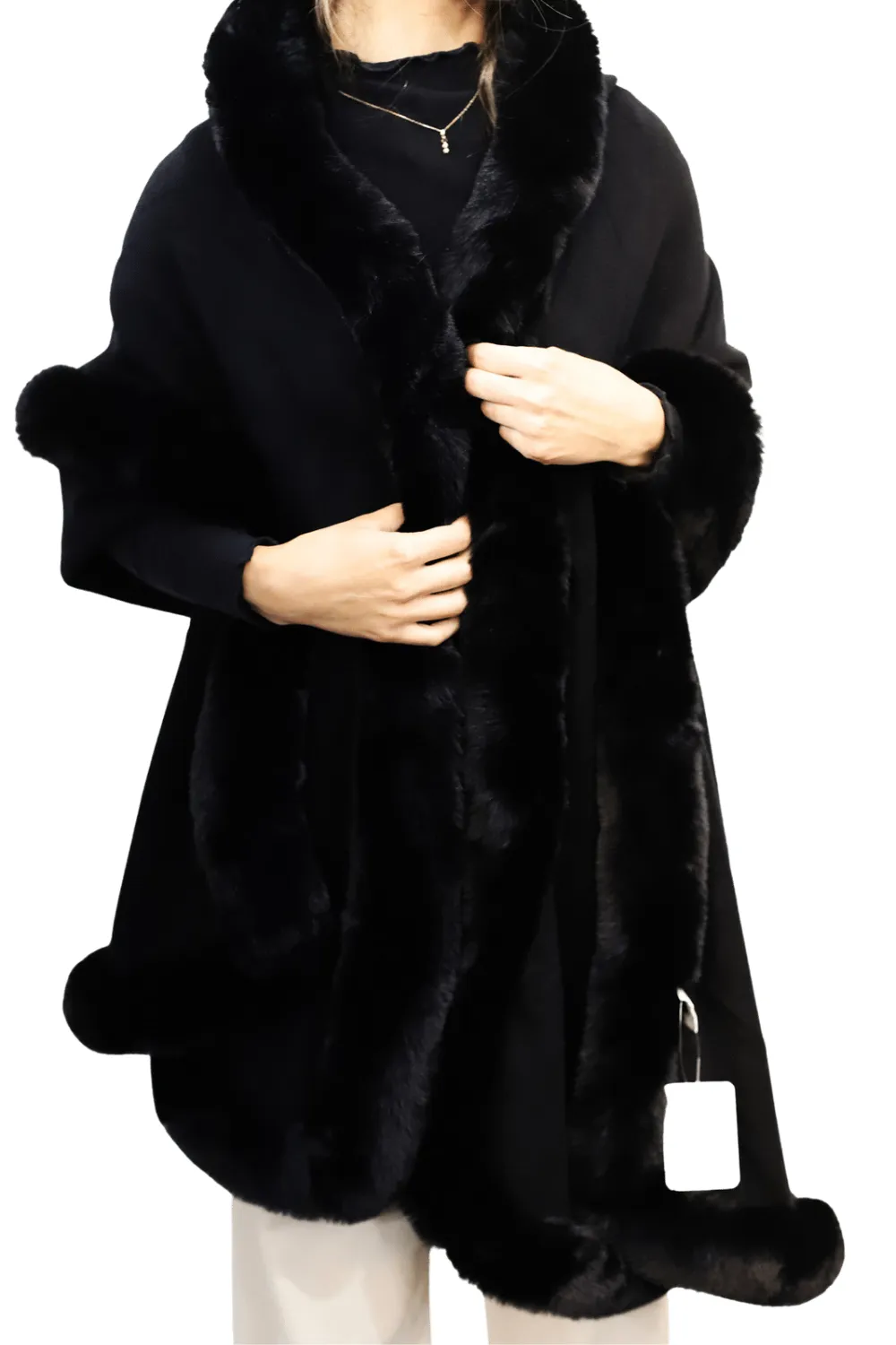 Wrap with Hood & Faux Fur Trim - Black
