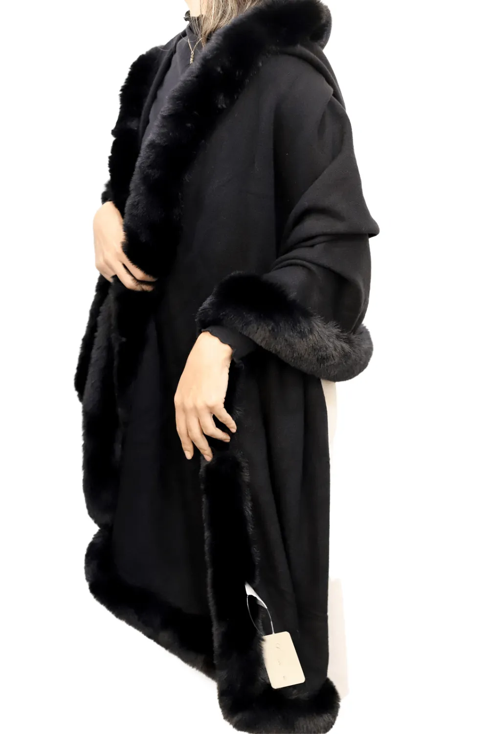 Wrap with Hood & Faux Fur Trim - Black