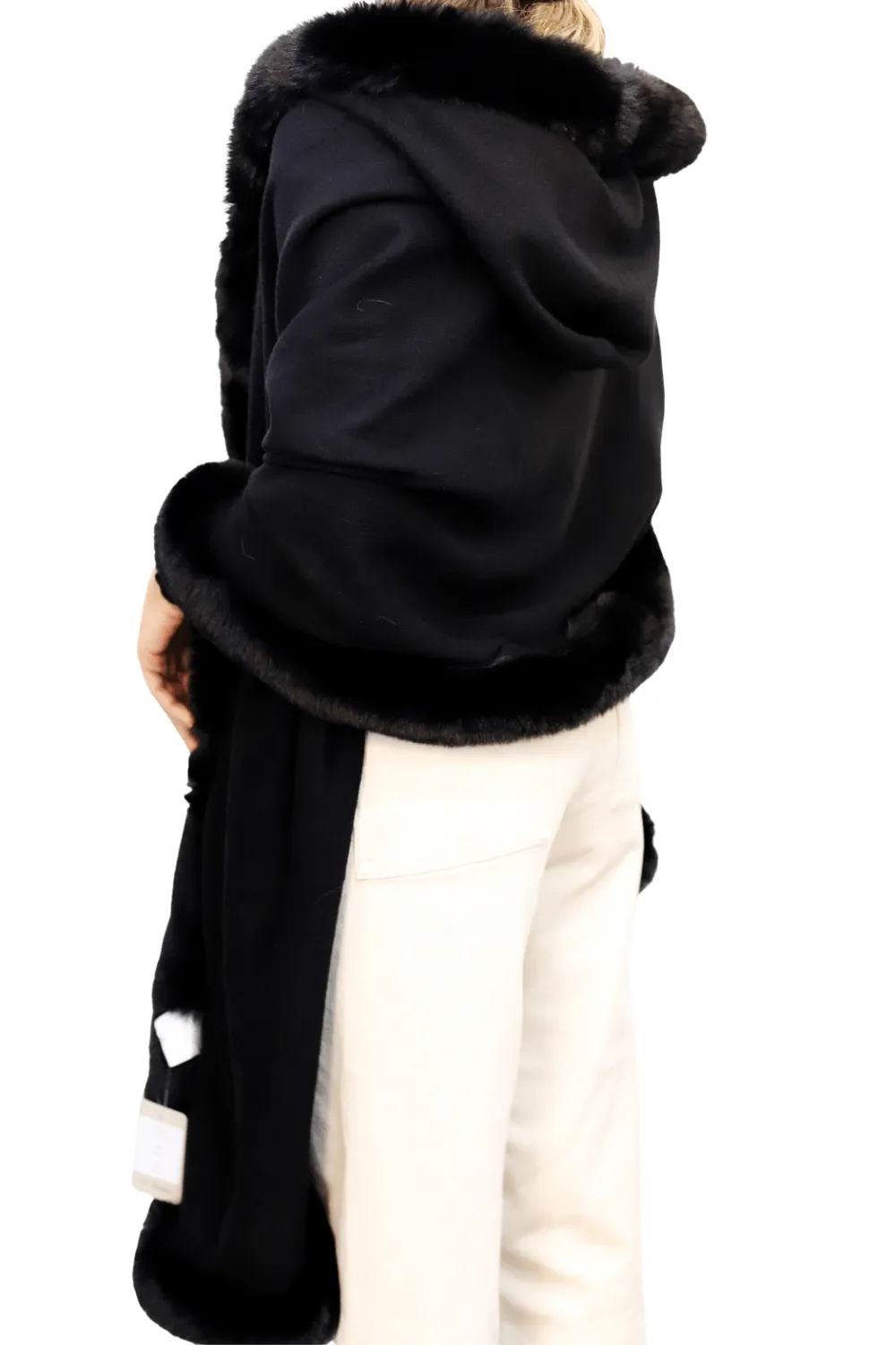 Wrap with Hood & Faux Fur Trim - Black