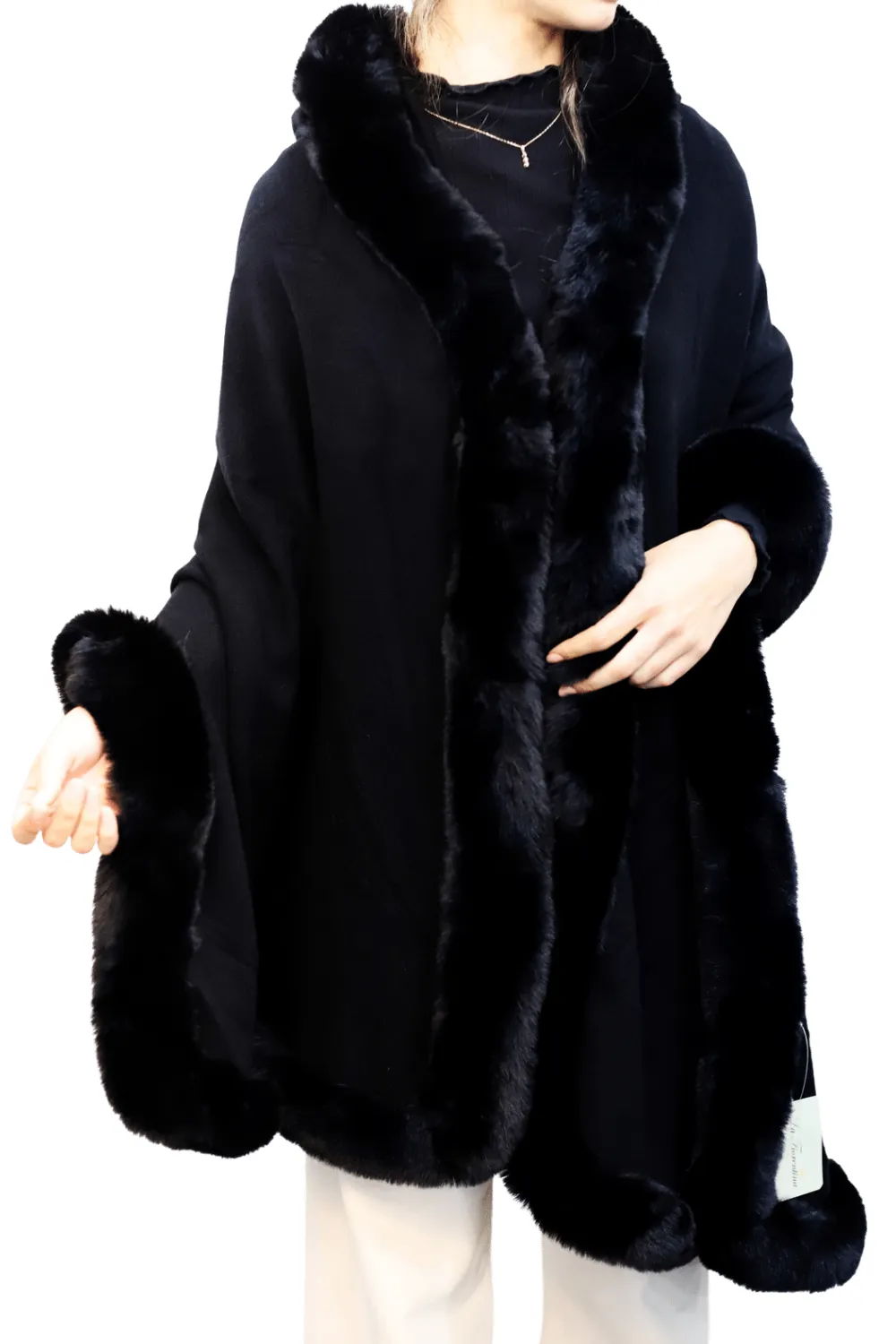 Wrap with Hood & Faux Fur Trim - Black