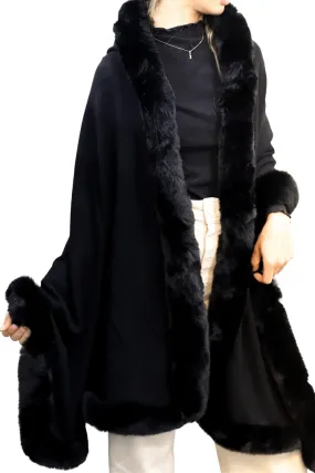 Wrap with Hood & Faux Fur Trim - Black