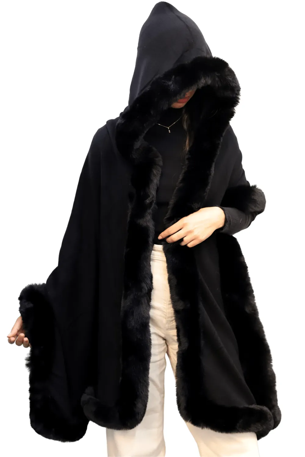 Wrap with Hood & Faux Fur Trim - Black